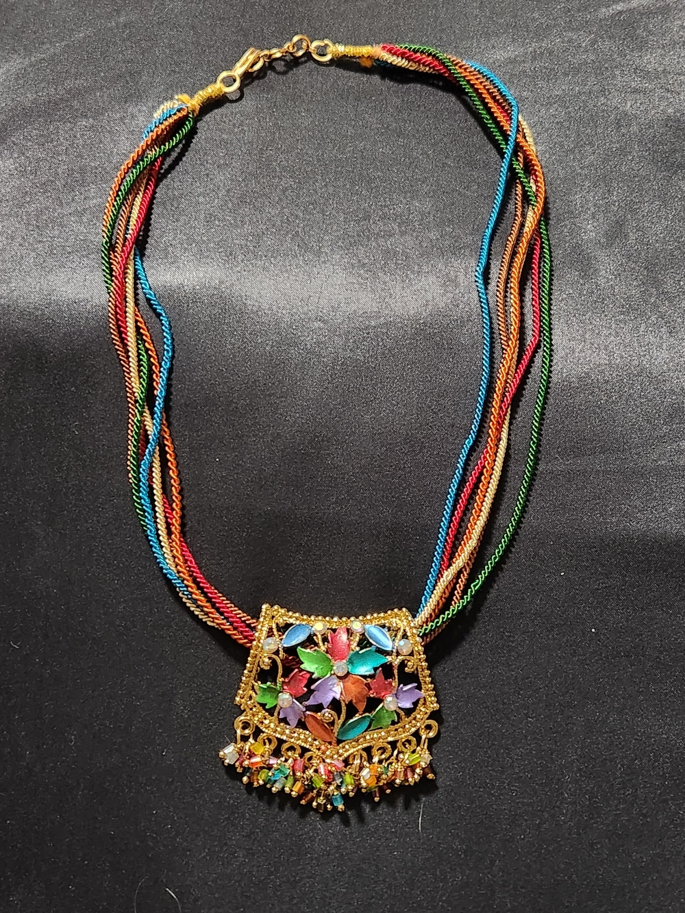 Vintage Colorful Enamel Floral Statement Bib Necklace – Multi-Strand Cord